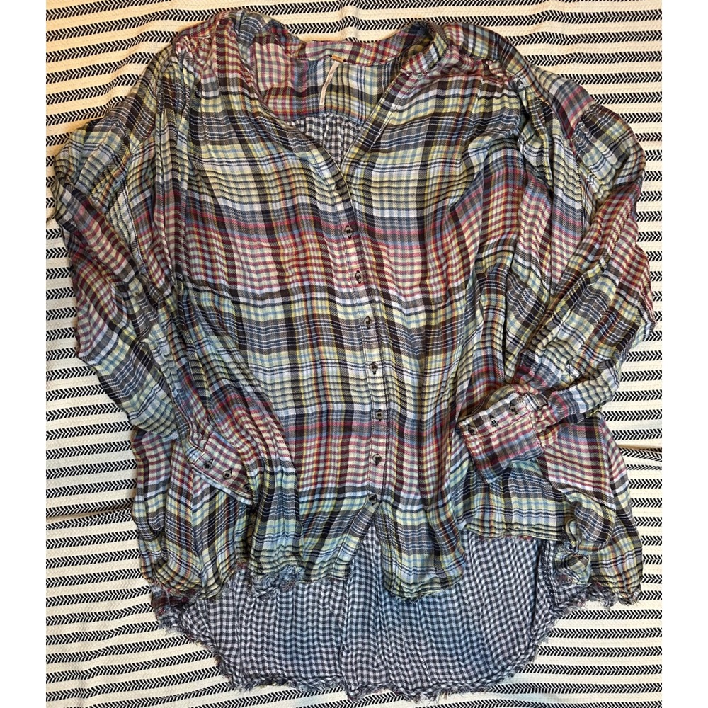 Free People Plaid Gauze Button‎ Down Shirt Blue Red Yellow Oversized Tunic Top